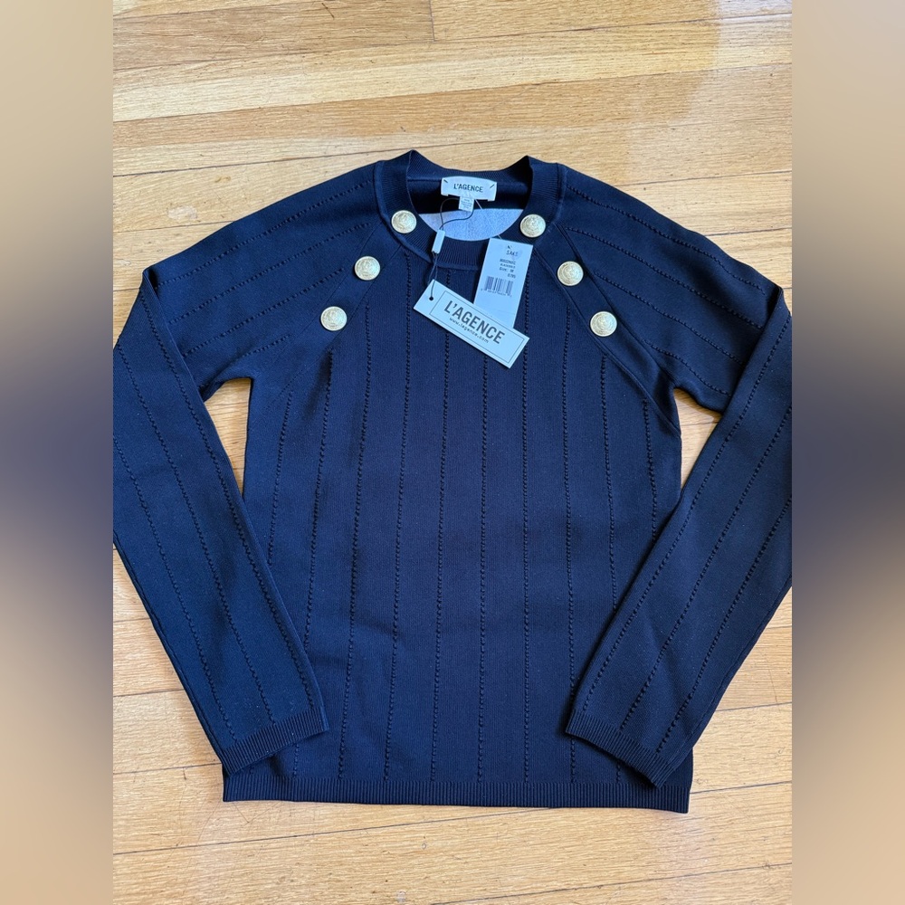 NWT L’Agence Gretchen black pullover knit with gold buttons